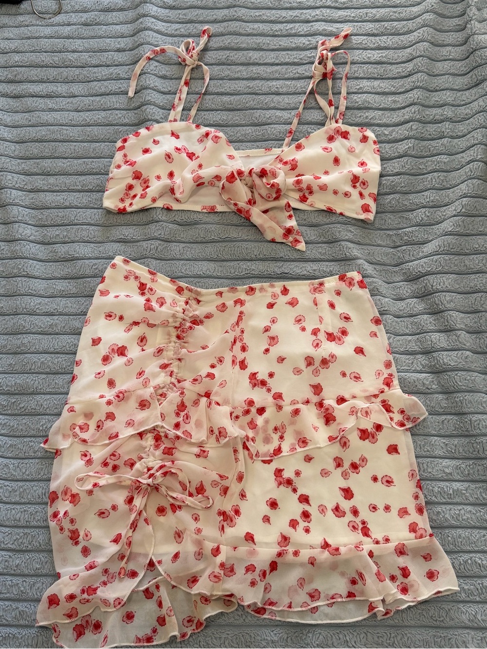 Cherry Blossom Ruffle Mini Skirt w/ Matching Top in White